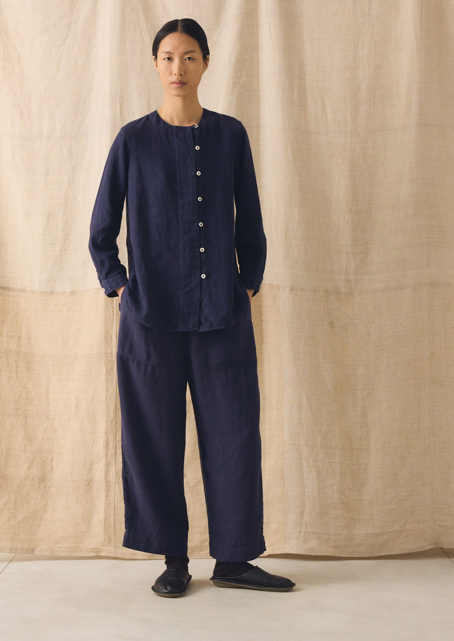 Garment Dyed Linen Chef Shirt | Blueberry