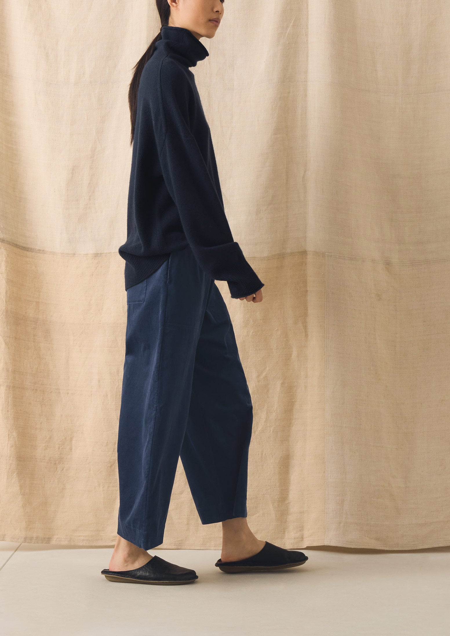 Organic Cord Barrel Leg Trousers | Denim Blue