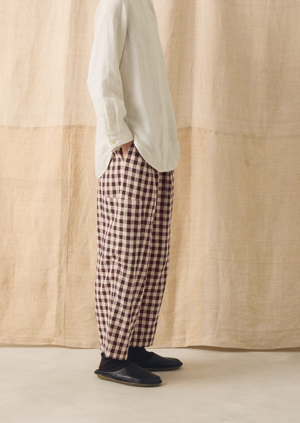 Gingham Linen Cotton Patch Pocket Trousers | Dark Chocolate/Ecru