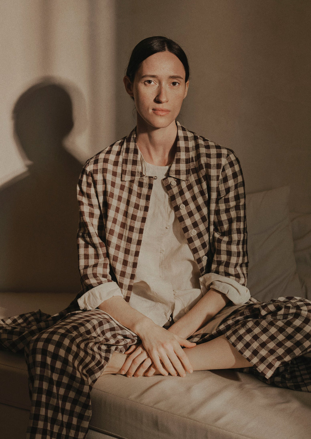Gingham Linen Cotton Patch Pocket Trousers | Dark Chocolate/Ecru