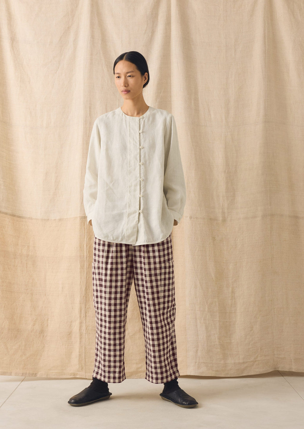 Gingham Linen Cotton Patch Pocket Trousers | Dark Chocolate/Ecru