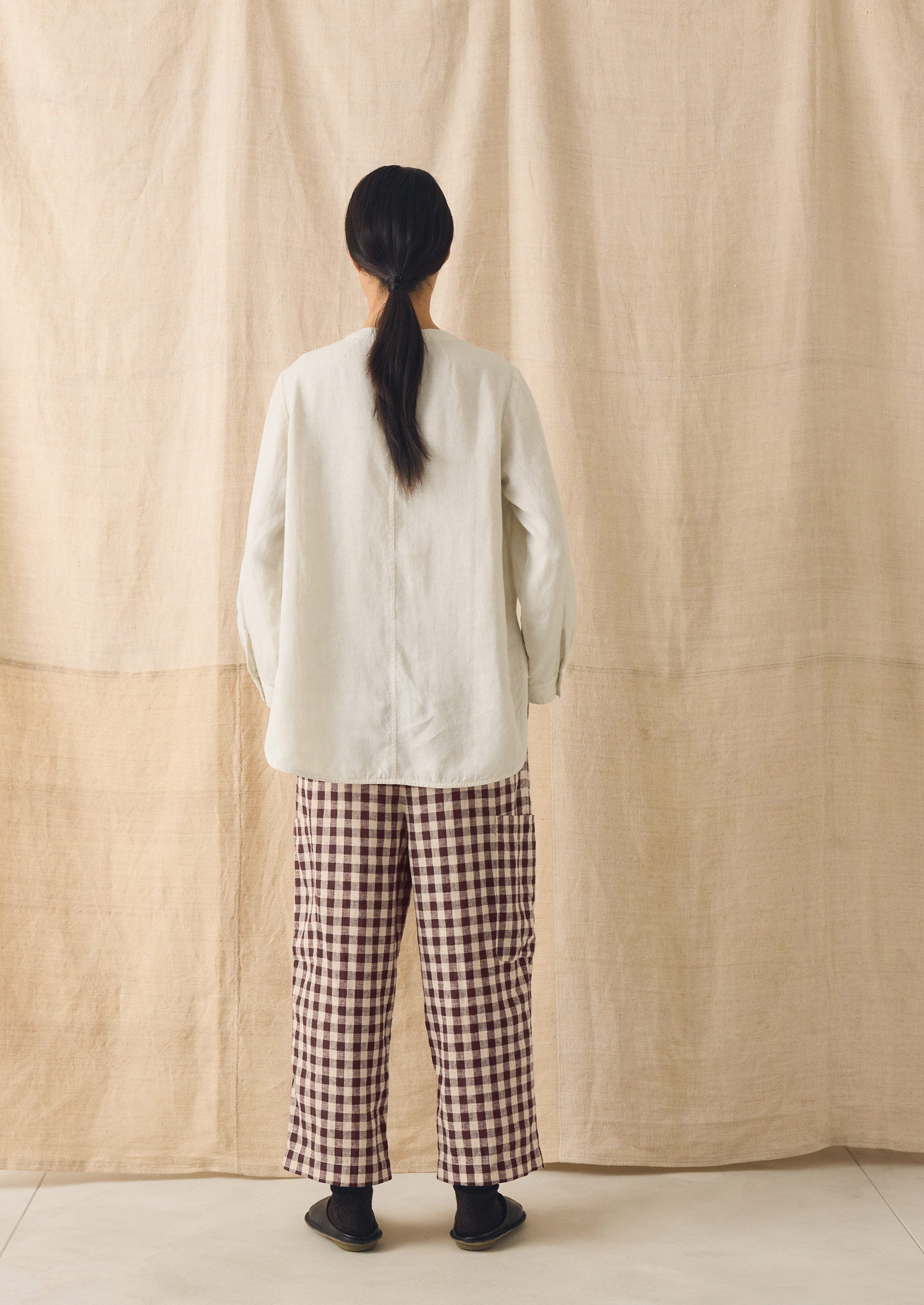 Gingham Linen Cotton Patch Pocket Trousers | Dark Chocolate/Ecru