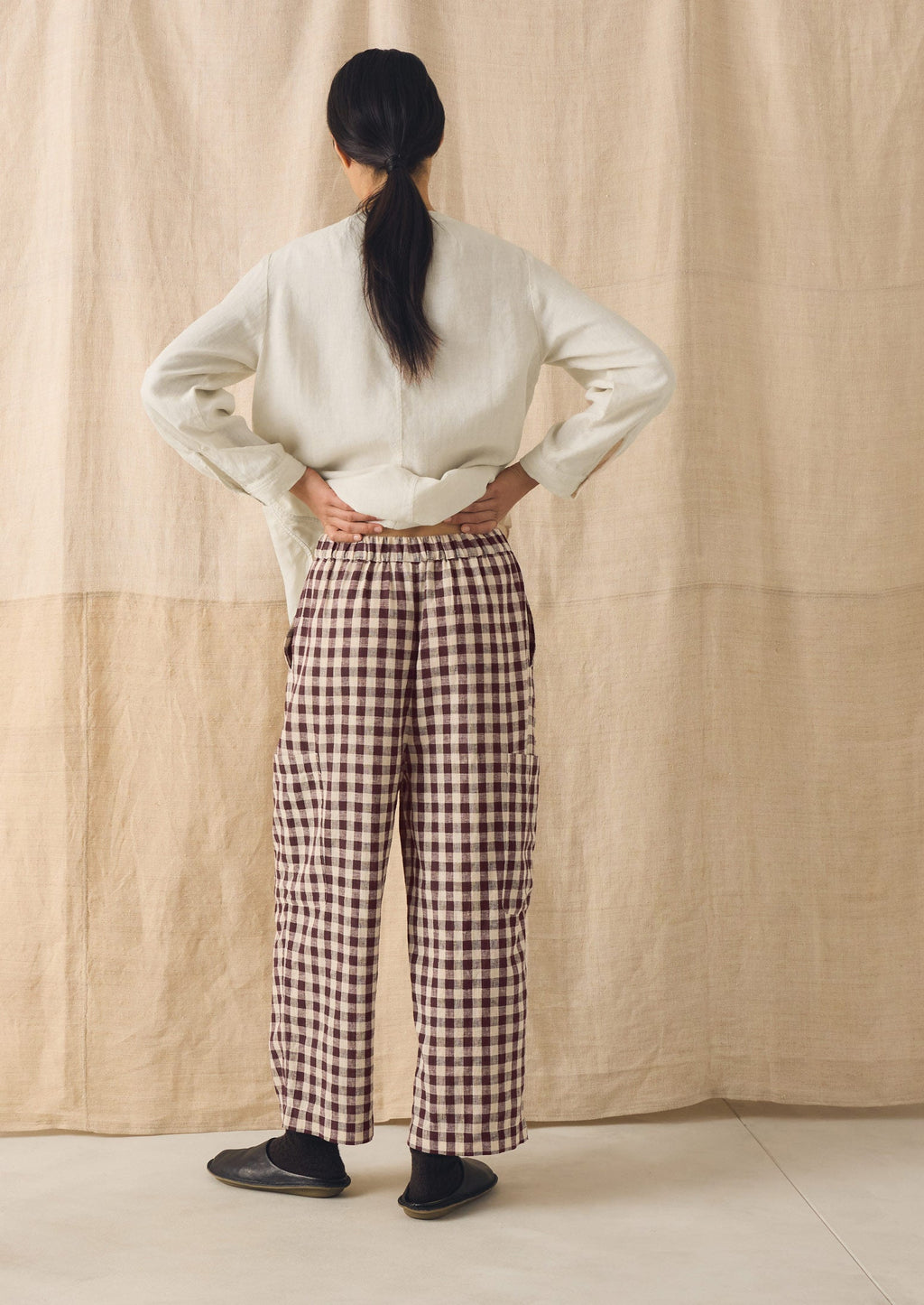 Gingham Linen Cotton Patch Pocket Trousers | Dark Chocolate/Ecru