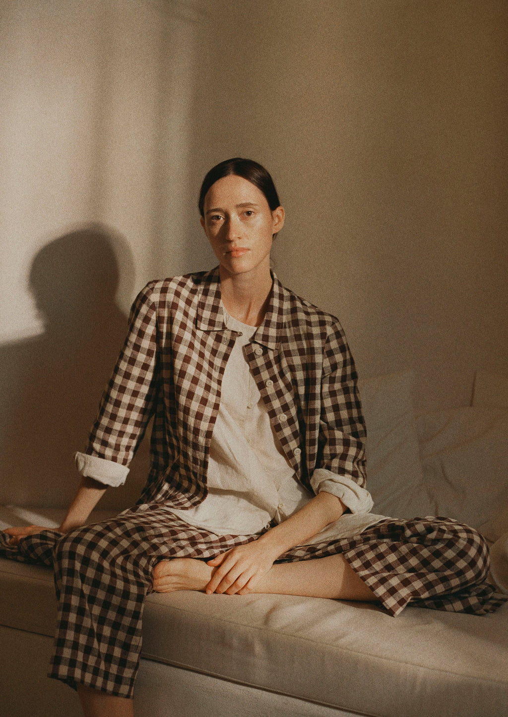 Gingham Linen Cotton Patch Pocket Trousers | Dark Chocolate/Ecru