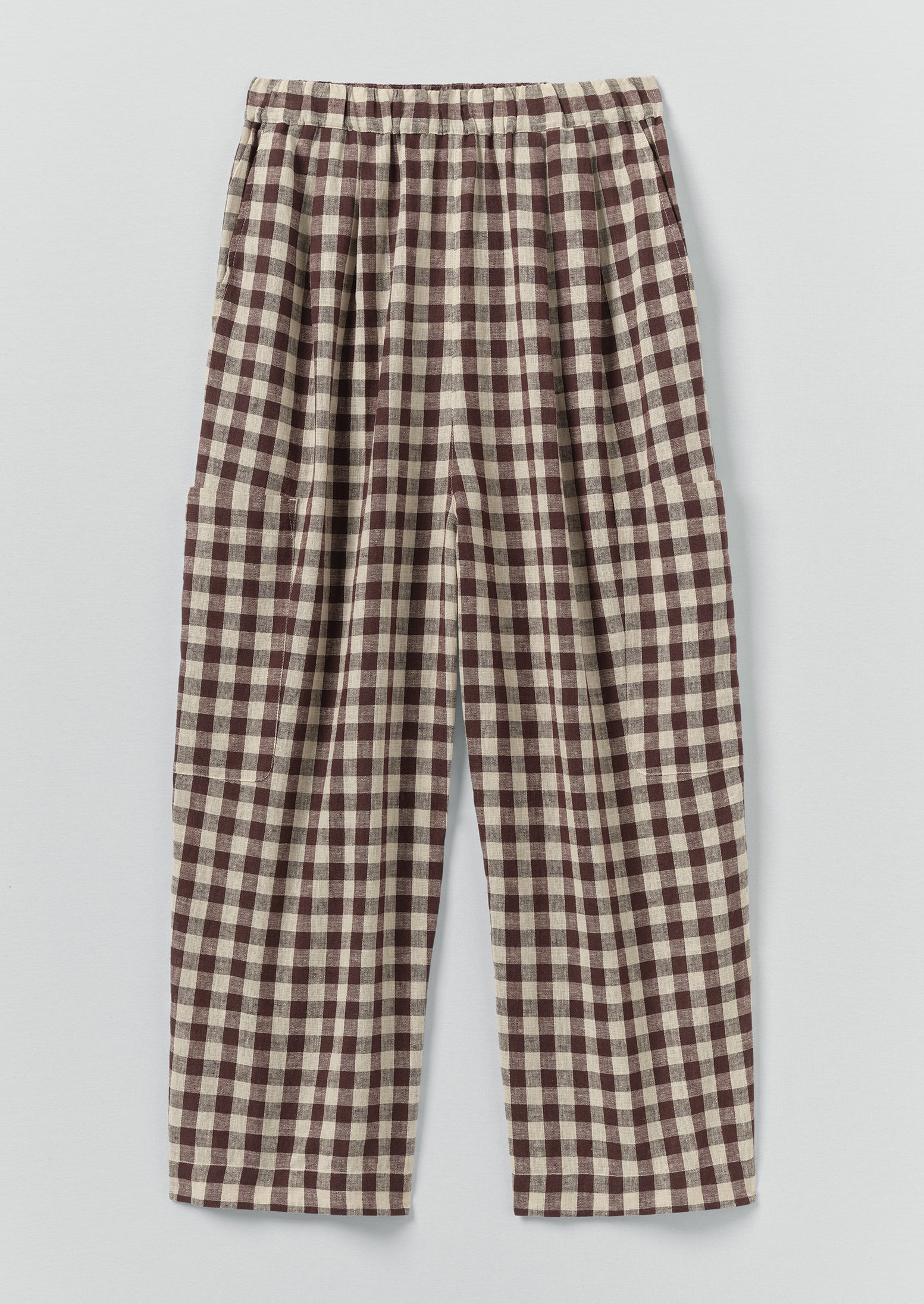 Gingham Linen Cotton Patch Pocket Trousers | Dark Chocolate/Ecru