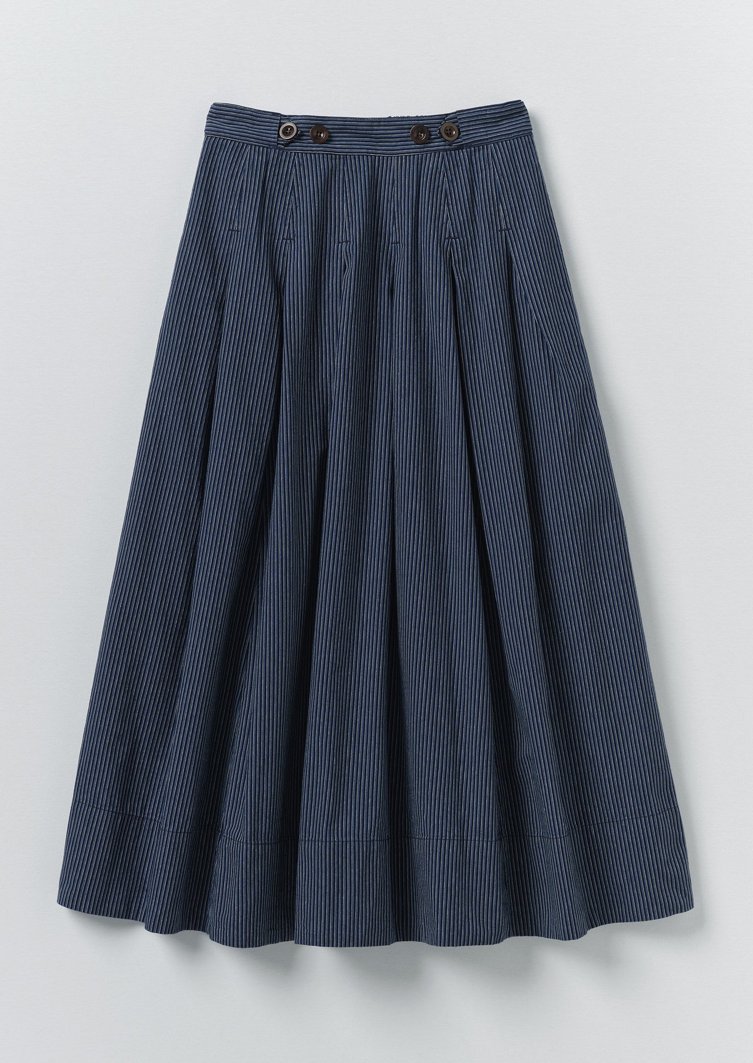 Railroad Stripe Pleated Cotton Skirt | Denim Blue