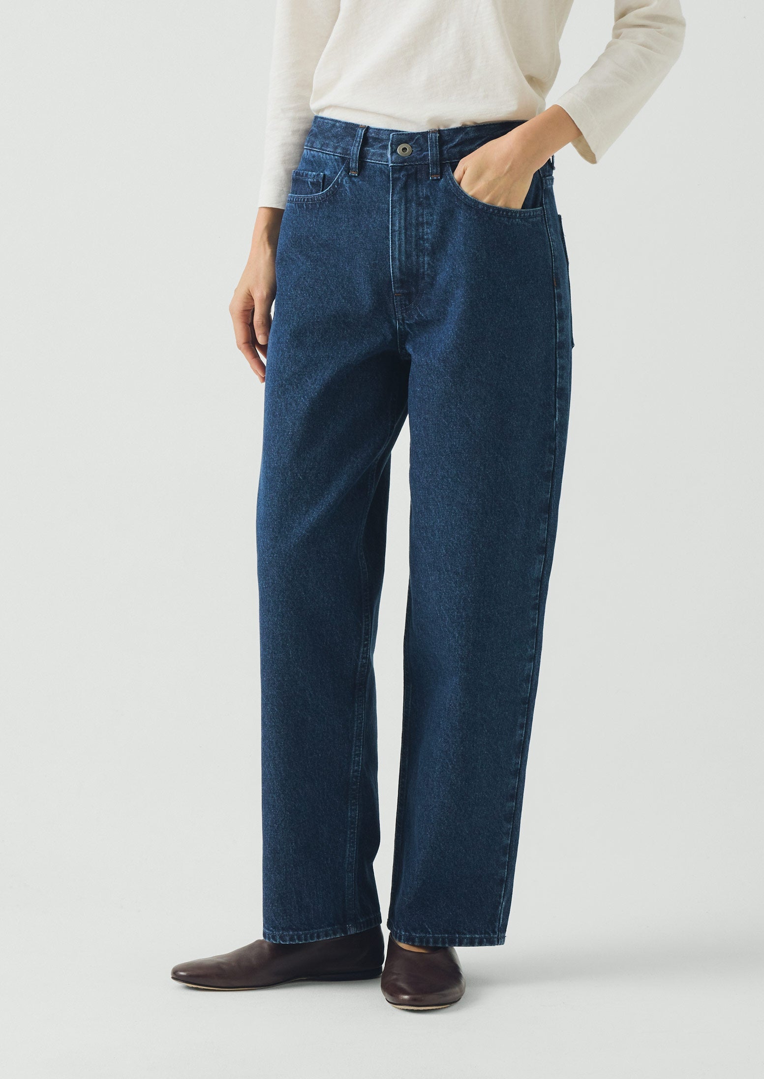 Indigo Denim Tapered Trousers | Mid Blue