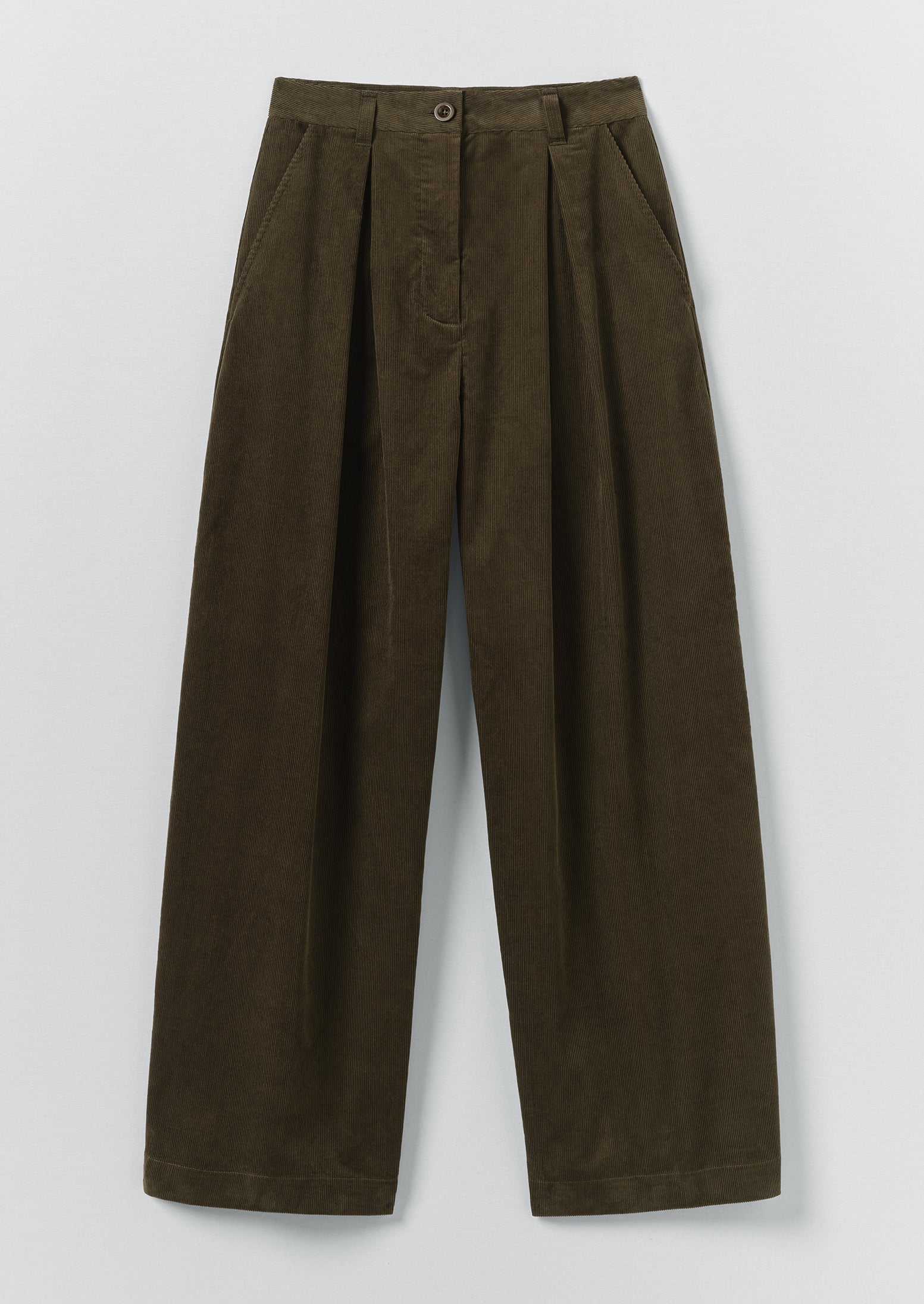 Organic Cord Box Pleat Trousers | Tent Green