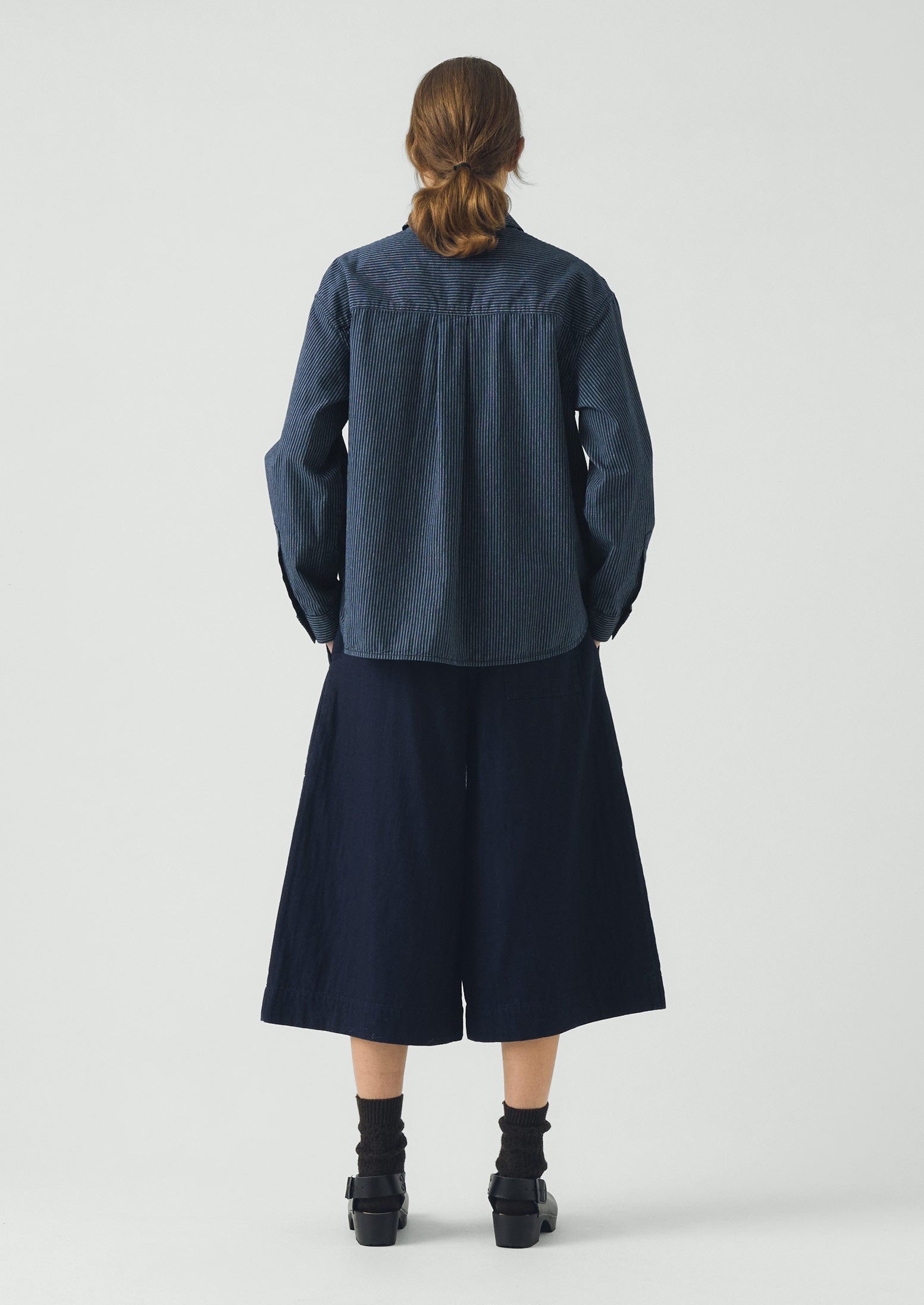 Railroad Stripe Cotton Smock Popover Shirt | Denim Blue